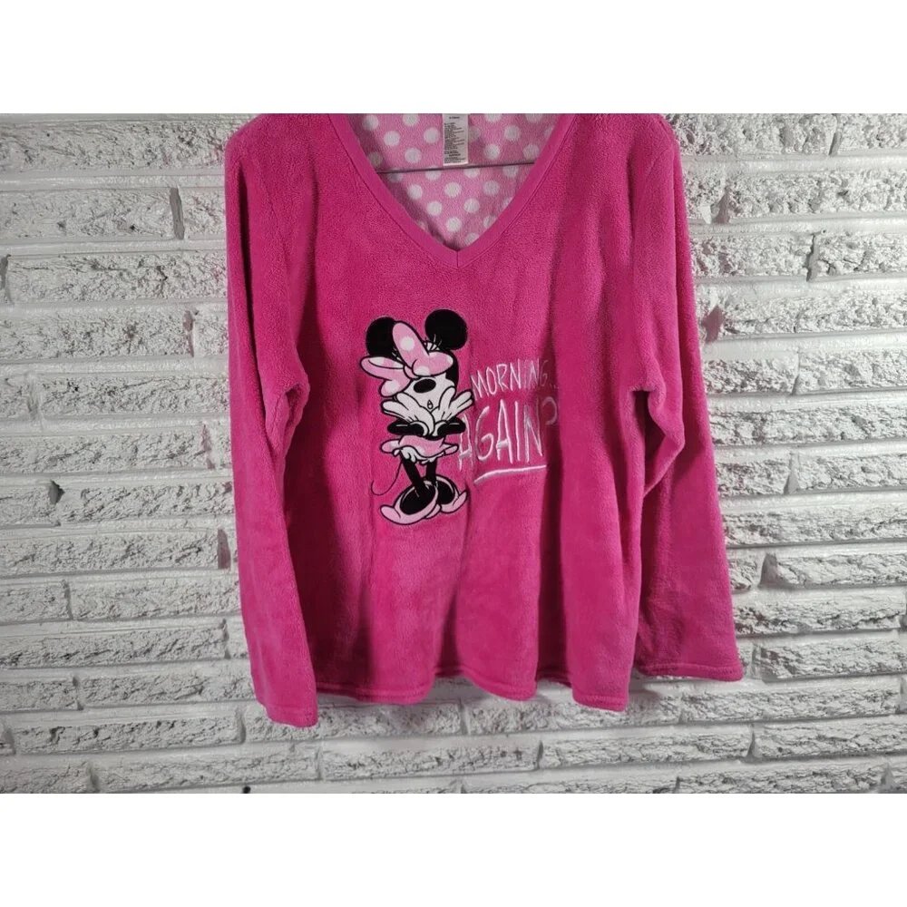 Disney Minnie Mouse Women's XL Pajama Top Pink V-Neck Long Sleeve Fleece NOV219E - Picture 4 of 7